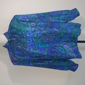 Vintage 90's Tan Jay Blue Green Paisley Print L/S Button-Up Blouse Shirt Size 18
